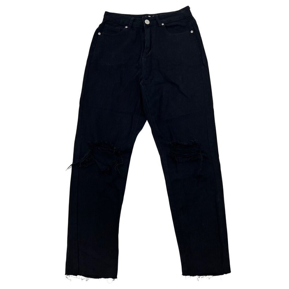 Boohoo Blue Womens Distressed Raw Hem Black Jeans Size 6 High Rise